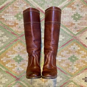 FRYE Jane Boots Leather Heeled Tall Cognac
Brown Stitched Western size 8